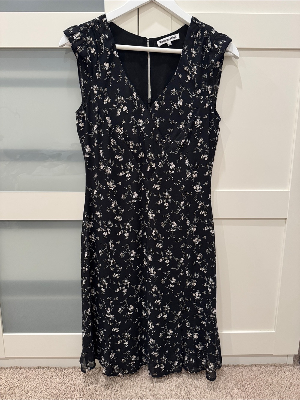 Reformation Black Floral Surplice Midi Dress